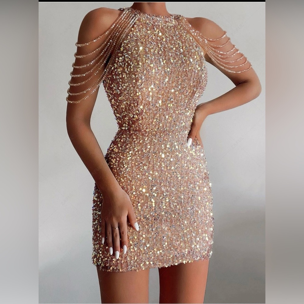 Zaful Se quined Chain Beads Bodycon Party Vegas Dress - Light Coffe